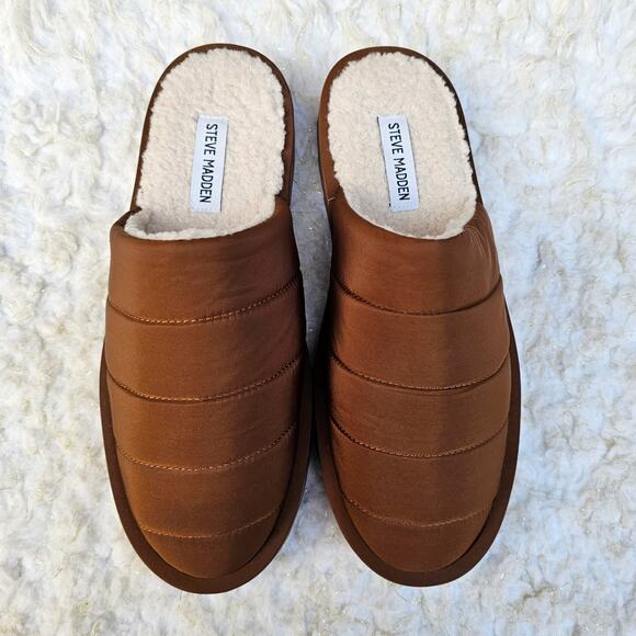 Brown Quilted Slipper Steve Madden Chex Size 10 Faux Shearling Line Puffer Slide - Picture 9 of 12
